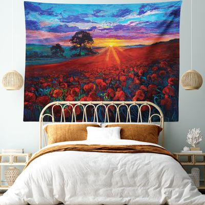 Ambesonne Country Tapestry King Size, Clouds at Sunset Paint Scenery of Poppy Flower Garden on Valley with Horizon, Wall Hanging Bedspread Bed Cover Wall Decor, 104" X 88", Burgundy Deep Sky Blue