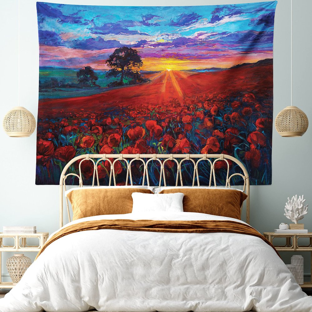 Ambesonne Country Tapestry King Size, Clouds at Sunset Paint Scenery of Poppy Flower Garden on Valley with Horizon, Wall Hanging Bedspread Bed Cover Wall Decor, 104" X 88", Burgundy Deep Sky Blue