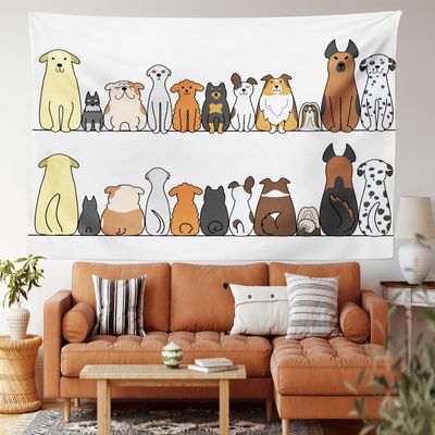 Ambesonne Dog Tapestry King Size, Multicultural Dog Family in a Row from Back and Front Views Companionship Comic Art, Wall Hanging Bedspread Bed Cover Wall Decor, 104" X 88", Brown Yellow