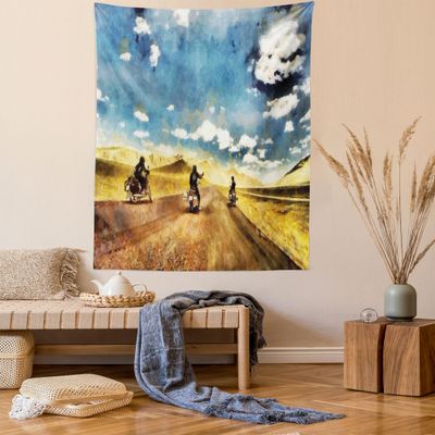 Ambesonne Country Tapestry Twin Size, Group Friends Band on Motorcycles in Countryside Rural Adventure Travel up Art, Wall Hanging Bedspread Bed Cover Wall Decor, 68" X 88", Grey Blue