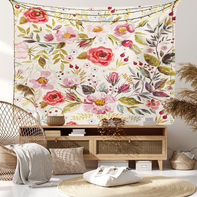 Ambesonne Floral Tapestry King Size, Hand Drawn Watercolor Style Flowers Roses Blooms Leaves Romantic Vintage Art, Wall Hanging Bedspread Bed Cover Wall Decor, 104" X 88", Multicolor Pink