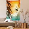 Ambesonne Grunge Tapestry Queen Size, Illustration of Tropical Island Surfer on Sea Waves and Palms at Sunset, Wall Hanging Bedspread Bed Cover Wall Decor, 88" X 88", Orange Turquoise Black view 2