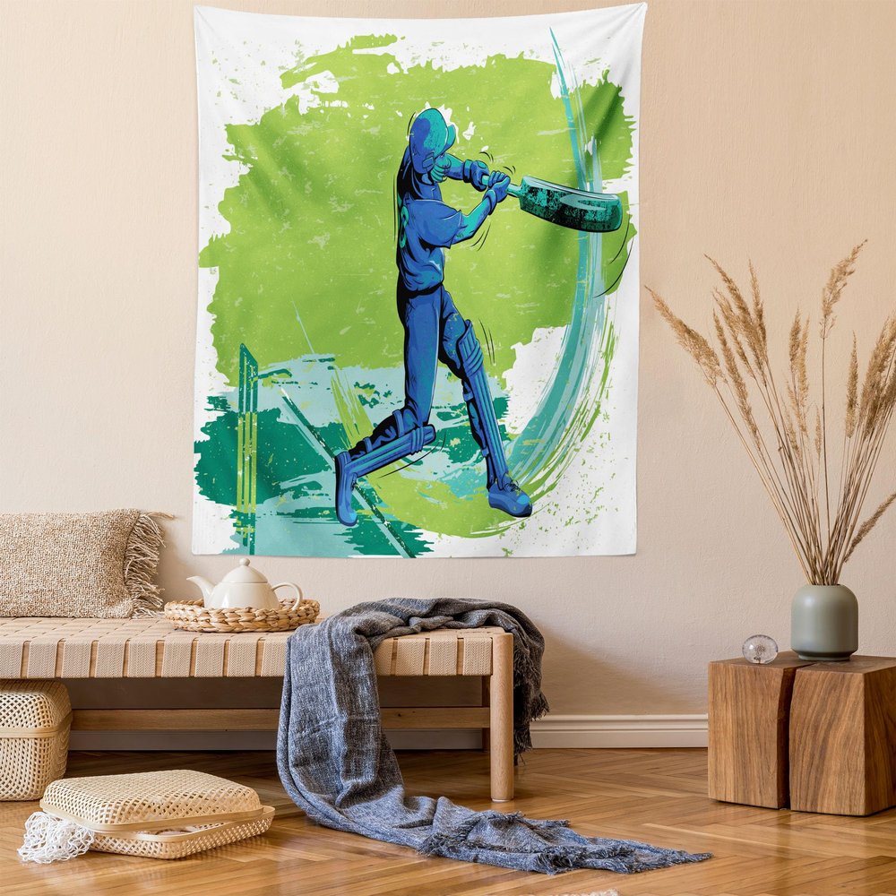 Ambesonne Sports Tapestry, Cricket Player Pitching Win Game Champion Team Paintbrush Effect, Fabric Wall Hanging Decor for Bedroom Living Room Dorm, 23" X 28", Blue Turquoise