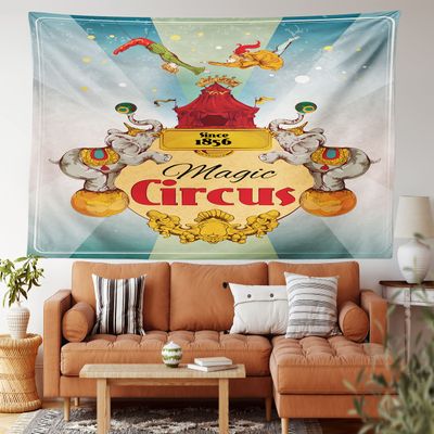 Ambesonne Circus Tapestry King Size, Magic Circus Tent Show Announcement Vintage Style Aerialist Acrobat Performance, Wall Hanging Bedspread Bed Cover Wall Decor, 104" X 88", Dark Sea