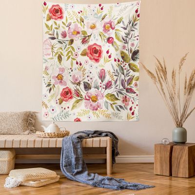 Ambesonne Floral Tapestry Queen Size, Hand Drawn Watercolor Style Flowers Roses Blooms Leaves Romantic Vintage Art, Wall Hanging Bedspread Bed Cover Wall Decor, 88" X 88", Multicolor Pink