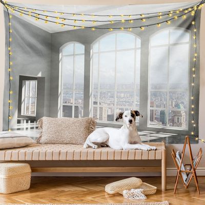 Ambesonne Modern Tapestry King Size, House in Urban City Scenery with Country Home View from Windows Print, Wall Hanging Bedspread Bed Cover Wall Decor, 104" X 88", Pale Grey Soft Blue