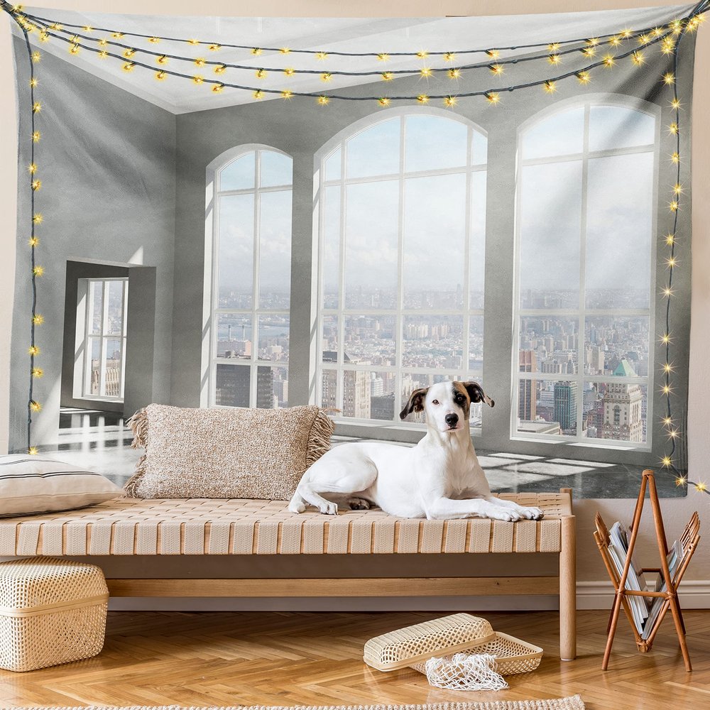 Ambesonne Modern Tapestry King Size, House in Urban City Scenery with Country Home View from Windows Print, Wall Hanging Bedspread Bed Cover Wall Decor, 104" X 88", Pale Grey Soft Blue