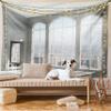 Ambesonne Modern Tapestry King Size, House in Urban City Scenery with Country Home View from Windows Print, Wall Hanging Bedspread Bed Cover Wall Decor, 104" X 88", Pale Grey Soft Blue view 1