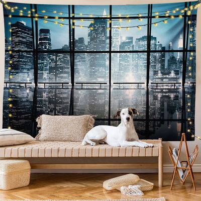 Ambesonne Modern Tapestry King Size, Modern New York City Scenery at Night with Skyscrapers Buildings Print, Wall Hanging Bedspread Bed Cover Wall Decor, 104" X 88", Black Blue