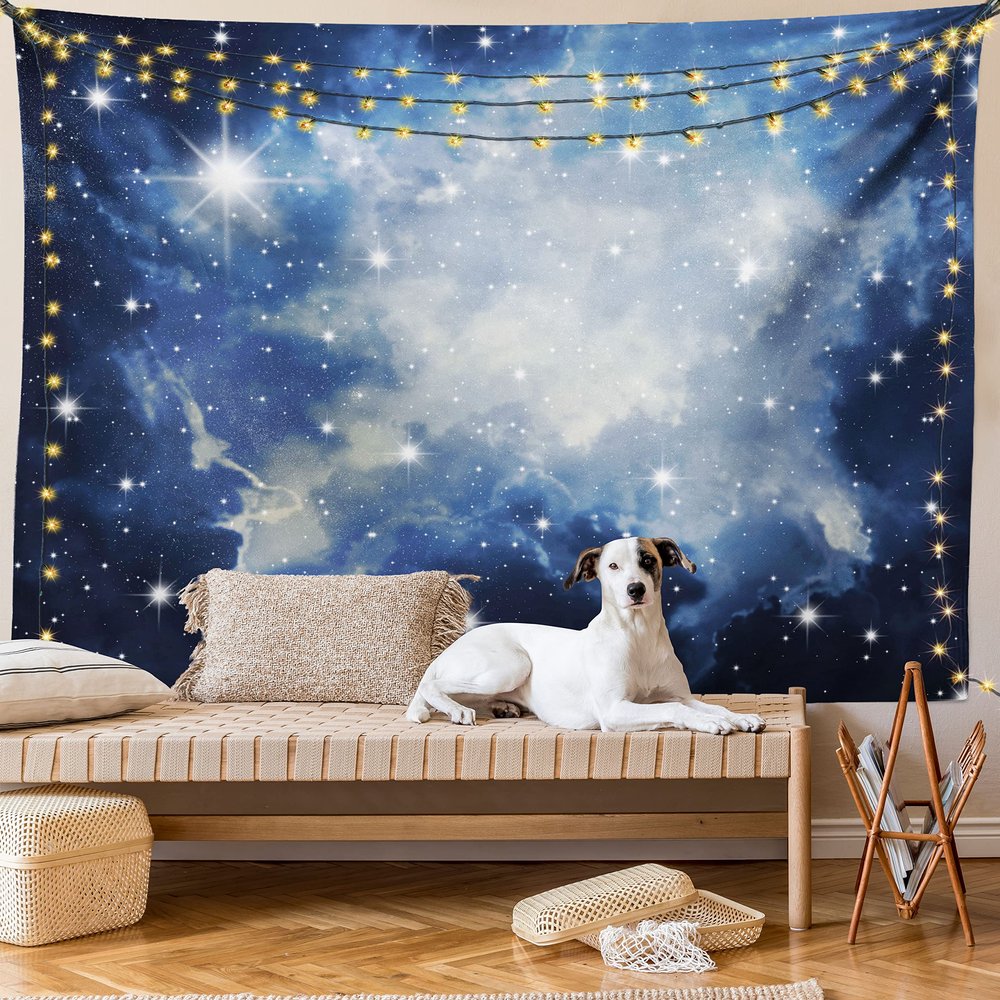 Ambesonne Constellation Tapestry King Size, Blue Galaxies in Night Sky Celestial Image Stars Fog, Wall Hanging Bedspread Bed Cover Wall Decor, 104" X 88", Pale Blue Dark Blue