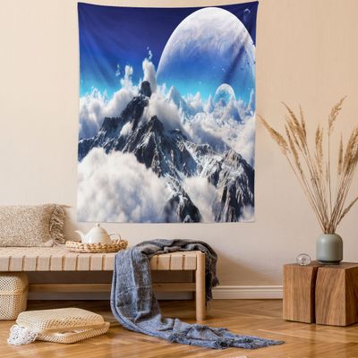Ambesonne Fantasy Tapestry Twin Size, Celestial View of Snow Capped Mountains and Alien Planet Print, Wall Hanging Bedspread Bed Cover Wall Decor, 68" X 88", White and Navy Blue