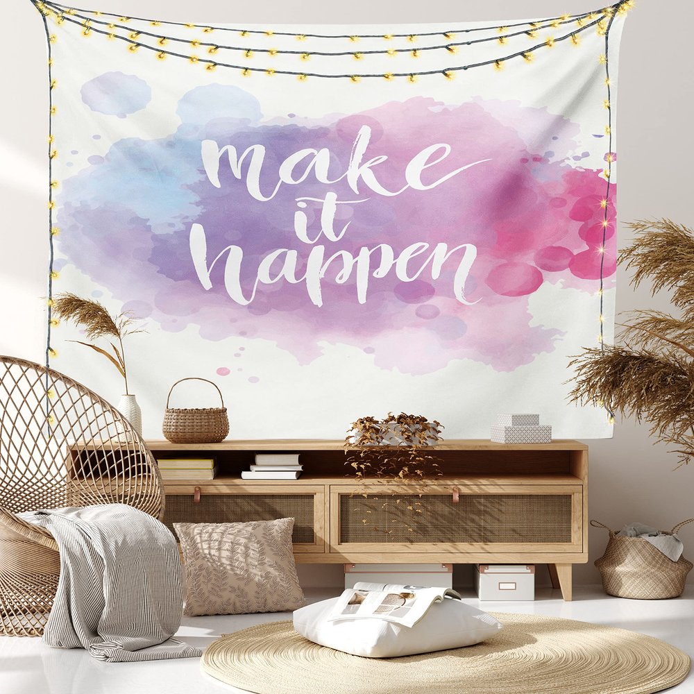 Ambesonne Lifestyle Tapestry King Size, Make It Happen Hand Written Positive Words in Paintbrush Art, Wall Hanging Bedspread Bed Cover Wall Decor, 104" X 88", Blue Fuchsia