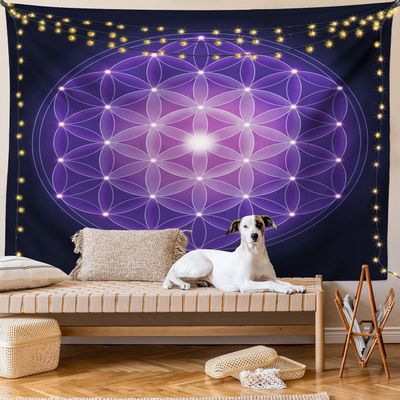 Ambesonne Dark Blue Tapestry King Size, Flower of Life with Stars Geometry Print, Wall Hanging Bedspread Bed Cover Wall Decor, 104" X 88", Dark Blue Purple