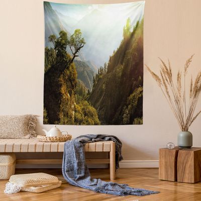 Ambesonne Landscape Tapestry Queen Size, Forest Nepal Himalaya Mountains Sunlight Majestic Scenery Nature Photo, Wall Hanging Bedspread Bed Cover Wall Decor, 88" X 88", Green Pale Yellow
