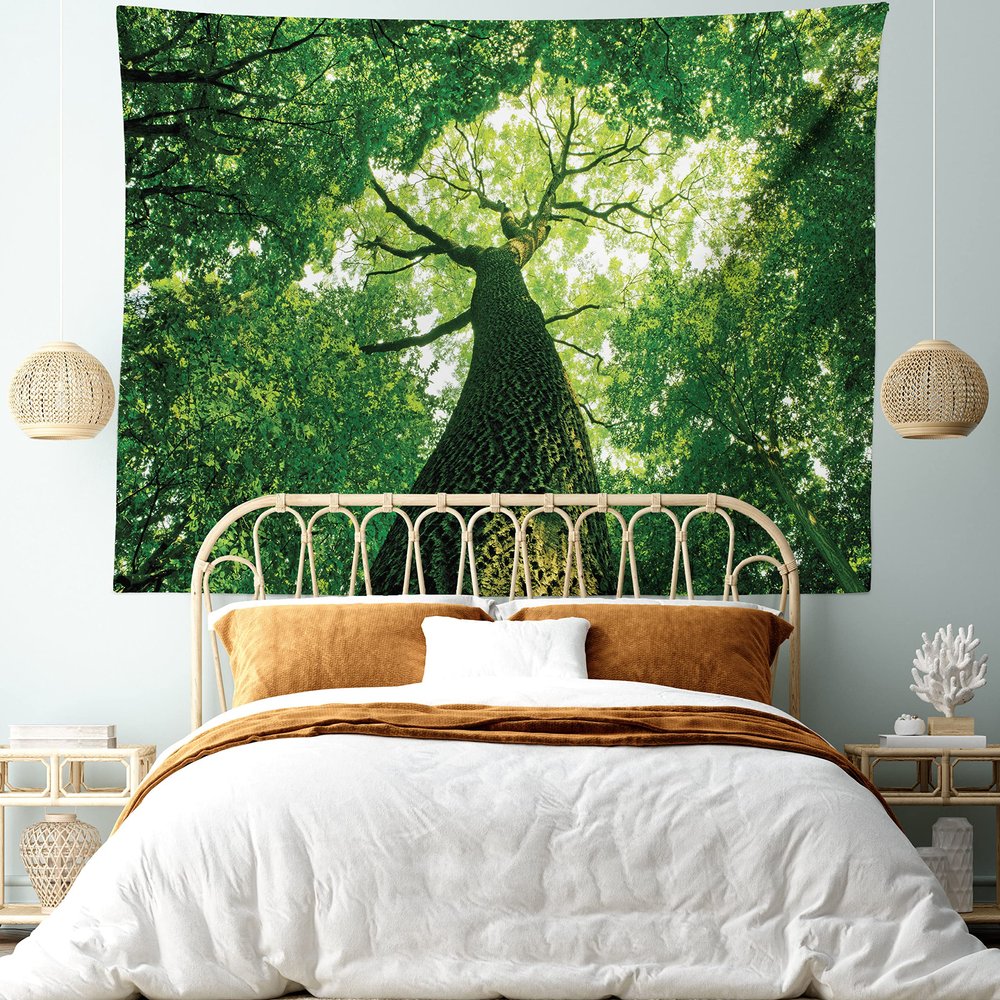 Ambesonne Forest Tapestry King Size, Tall Old Tree View Sun Rays Top Branches Leaves Nature Picture, Wall Hanging Bedspread Bed Cover Wall Decor, 104" X 88", Green Pale Green Brown