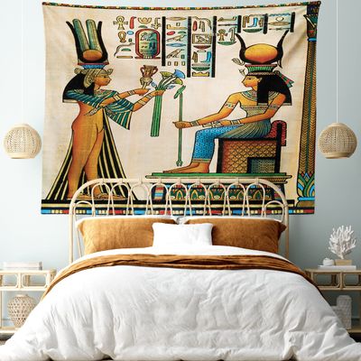 Ambesonne Egyptian Print Tapestry King Size, Old Papyrus Depicting Queen Nefertari Historical Empire Art, Wall Hanging Bedspread Bed Cover Wall Decor, 104" X 88", Beige Orange