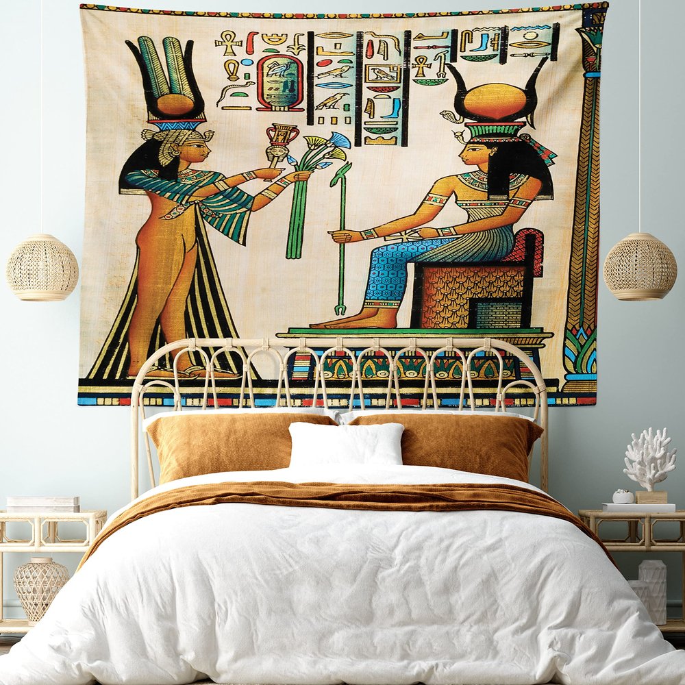Ambesonne Egyptian Print Tapestry King Size, Old Papyrus Depicting Queen Nefertari Historical Empire Art, Wall Hanging Bedspread Bed Cover Wall Decor, 104" X 88", Beige Orange