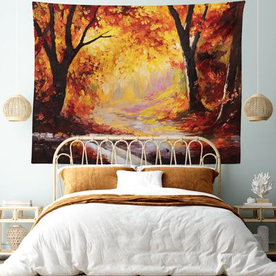 Ambesonne Country Tapestry King Size, Paint of a Forest with Autumn Color Leaves Fall Time Sadness Season Theme Art, Wall Hanging Bedspread Bed Cover Wall Decor, 104" X 88", Orange Brown
