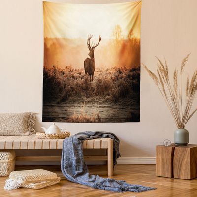 Ambesonne Hunting Tapestry Queen Size, Red Deer in the Morning Sun Wilderness Nature Scenery Countryside Rural Heathers, Wall Hanging Bedspread Bed Cover Wall Decor, 88" X 88", Brown Orange