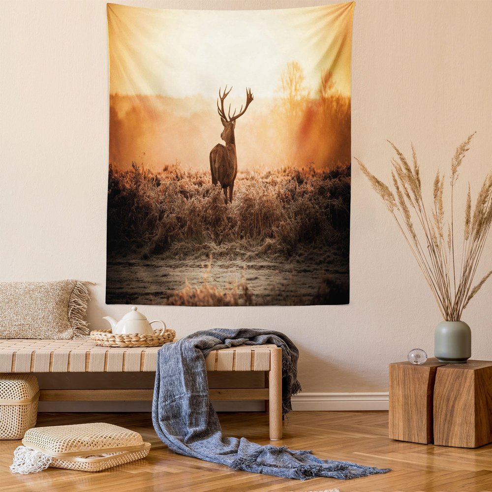 Ambesonne Hunting Tapestry Queen Size, Red Deer in the Morning Sun Wilderness Nature Scenery Countryside Rural Heathers, Wall Hanging Bedspread Bed Cover Wall Decor, 88" X 88", Brown Orange