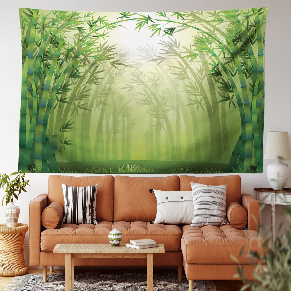 Ambesonne Bamboo Print Tapestry King Size, Image of Bamboo Trees in Rain Forest Far Eastern Wildlife Tropical Nature Inspired, Wall Hanging Bedspread Bed Cover Wall Decor, 104" X 88", Green and White