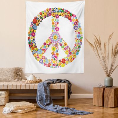 Ambesonne Groovy Tapestry Queen Size, Floral Peace Sign Summer Spring Blooms Love Happiness Themed Illustration Print, Wall Hanging Bedspread Bed Cover Wall Decor, 88" X 88", Red White
