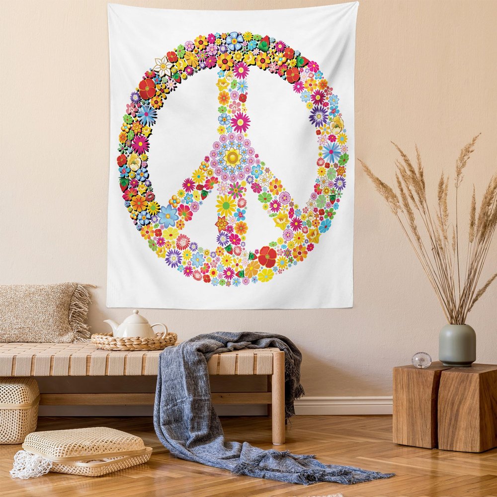 Ambesonne Groovy Tapestry Queen Size, Floral Peace Sign Summer Spring Blooms Love Happiness Themed Illustration Print, Wall Hanging Bedspread Bed Cover Wall Decor, 88" X 88", Red White