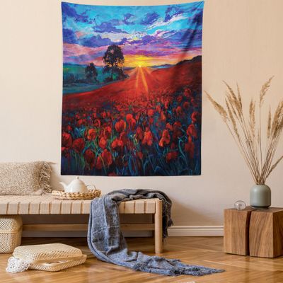 Ambesonne Country Tapestry Queen Size, Clouds at Sunset Paint Scenery of Poppy Flower Garden on Valley with Horizon, Wall Hanging Bedspread Bed Cover Wall Decor, 88" X 88", Burgundy Deep Sky Blue