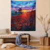 Ambesonne Country Tapestry Queen Size, Clouds at Sunset Paint Scenery of Poppy Flower Garden on Valley with Horizon, Wall Hanging Bedspread Bed Cover Wall Decor, 88" X 88", Burgundy Deep Sky Blue view 1