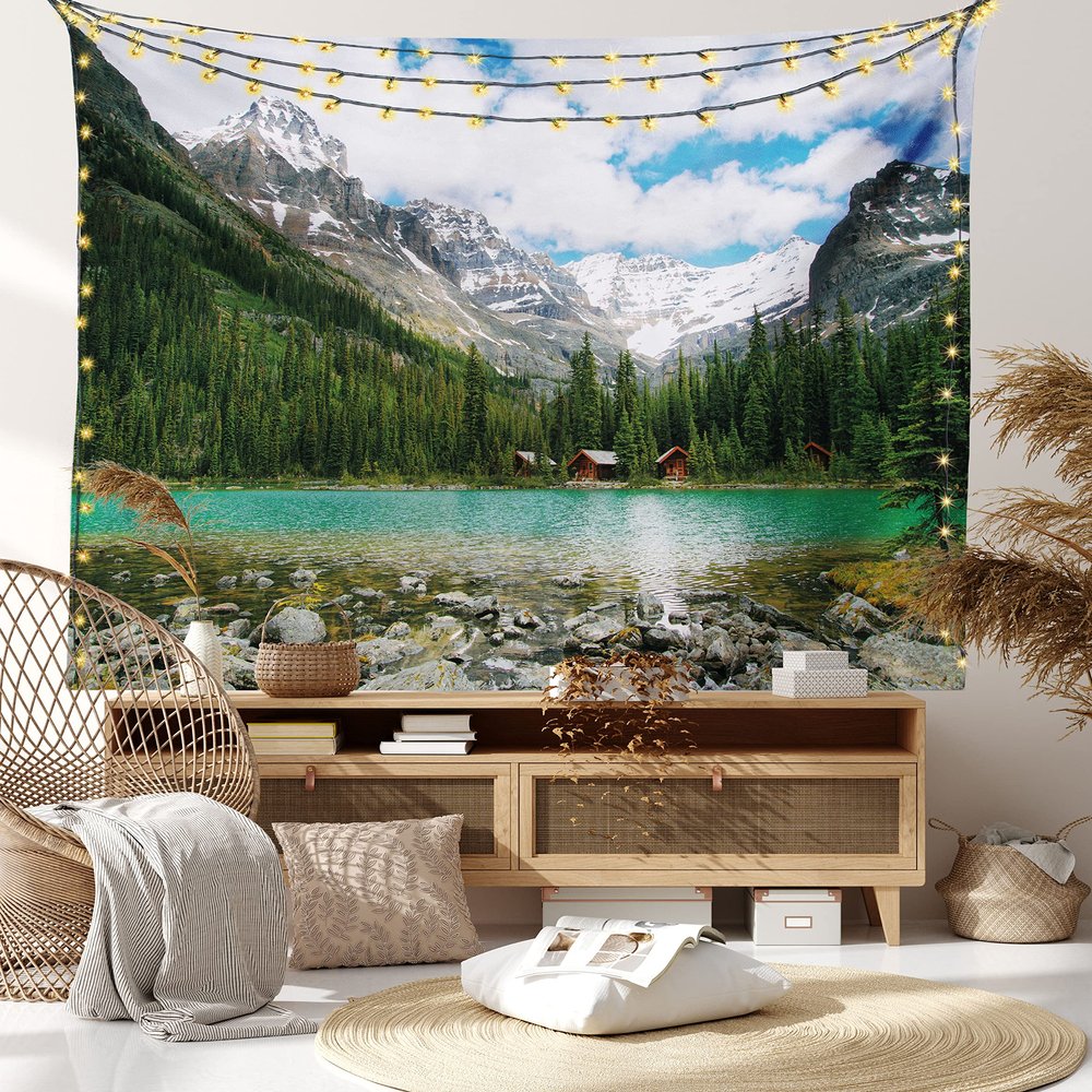 Ambesonne Landscape Tapestry King Size, Canada Ohara Lake Yoho National Park with Mountains Nature Scenery Art Photo, Wall Hanging Bedspread Bed Cover Wall Decor, 104" X 88", Green Blue
