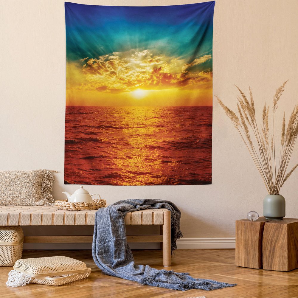 Ambesonne Ocean Tapestry, Sunset Clouds Exotic Seaside with Sun Rays Evening View Picture Print Art, Fabric Wall Hanging Decor for Bedroom Living Room Dorm, 23" X 28", Yellow Turquoise