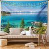 Ambesonne Blue Tapestry King Size, Tranquil View of Lake Tahoe Sierra Pines on Rocks with Turquoise Waters Shoreline, Wall Hanging Bedspread Bed Cover Wall Decor, 104" X 88", Blue Grey Green view 1