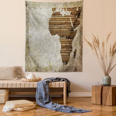 Ambesonne African Tapestry Queen Size, Geography Theme Grunge Vintage Wooden Plank and Map Digital Print, Wall Hanging Bedspread Bed Cover Wall Decor, 88" X 88", Tan Umber