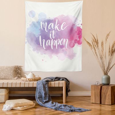 Ambesonne Lifestyle Tapestry Queen Size, Make It Happen Hand Written Positive Words in Paintbrush Art, Wall Hanging Bedspread Bed Cover Wall Decor, 88" X 88", Blue Fuchsia