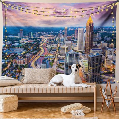 Ambesonne Modern Tapestry King Size, Atlanta City Skyline at Sunset with Syk Georgia Town American View, Wall Hanging Bedspread Bed Cover Wall Decor, 104" X 88", Baby Pink Blue Grey