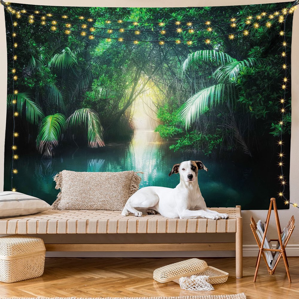 Ambesonne Jungle Tapestry King Size, Tropical Lake Mangrove Rainforest Pathway Through Sri Lanka Travel Destination, Wall Hanging Bedspread Bed Cover Wall Decor, King Size, Green Teal