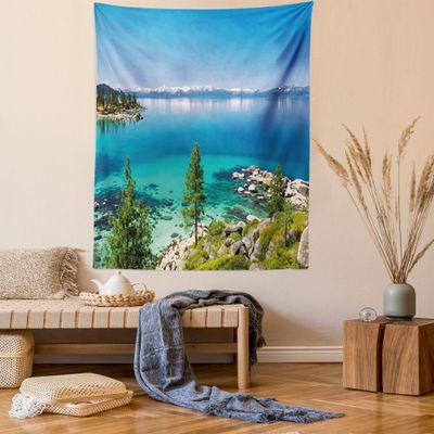 Ambesonne Blue Tapestry Queen Size, Tranquil View of Lake Tahoe Sierra Pines on Rocks with Turquoise Waters Shoreline, Wall Hanging Bedspread Bed Cover Wall Decor, 88" X 88", Blue Grey Green