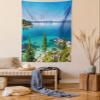 Ambesonne Blue Tapestry Queen Size, Tranquil View of Lake Tahoe Sierra Pines on Rocks with Turquoise Waters Shoreline, Wall Hanging Bedspread Bed Cover Wall Decor, 88" X 88", Blue Grey Green view 1
