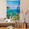 Ambesonne Blue Tapestry Queen Size, Tranquil View of Lake Tahoe Sierra Pines on Rocks with Turquoise Waters Shoreline, Wall Hanging Bedspread Bed Cover Wall Decor, 88" X 88", Blue Grey Green view 2