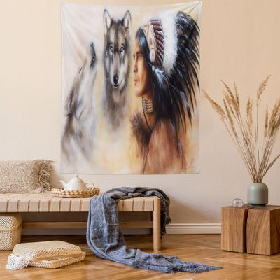 Ambesonne Colorful Tapestry Queen Size, Blur Mystic Painting of Young Native Man Feather Wolves, Wall Hanging Bedspread Bed Cover Wall Decor, Queen Size, Cream Tan