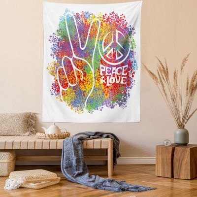 Ambesonne 70s Party Tapestry Queen Size, Hippie Peace and Love and Signs 2 Fingers Pacifist Colorful Design Art, Wall Hanging Bedspread Bed Cover Wall Decor, 88" X 88", Red Purple
