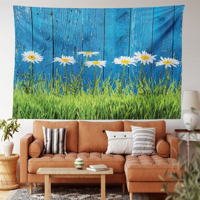 Ambesonne Flower Tapestry King Size, Fresh Springtime Grass and Daisy on Fence Summer Simple Vintage Style Print, Wall Hanging Bedspread Bed Cover Wall Decor, 104" X 88", Blue and Green