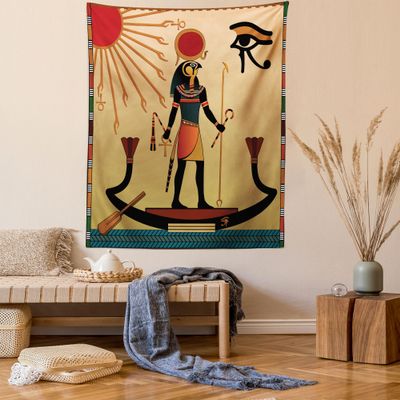 Ambesonne Egyptian Print Tapestry Twin Size, Sun Old Egyptian Timeless Grace Antique Tradition Illustration, Wall Hanging Bedspread Bed Cover Wall Decor, 68" X 88", Cream Red