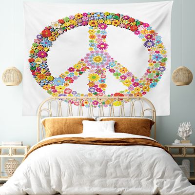 Ambesonne Groovy Tapestry King Size, Floral Peace Sign Summer Spring Blooms Love Happiness Themed Illustration Print, Wall Hanging Bedspread Bed Cover Wall Decor, 104" X 88", Red White