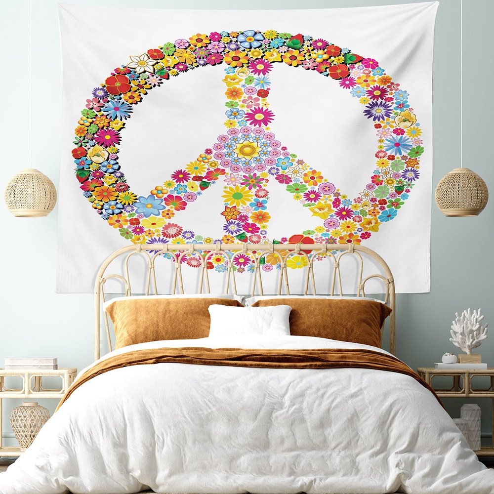 Ambesonne Groovy Tapestry King Size, Floral Peace Sign Summer Spring Blooms Love Happiness Themed Illustration Print, Wall Hanging Bedspread Bed Cover Wall Decor, 104" X 88", Red White