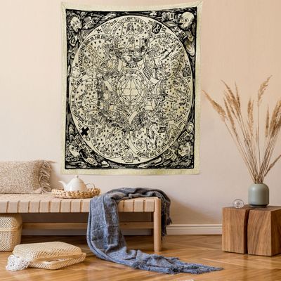 Ambesonne Astrology Tapestry Queen Size, Series of Mystic Esoteric Old Map with Man with Vintages, Wall Hanging Bedspread Bed Cover Wall Decor, 88" X 88", Ecru Black
