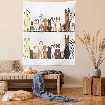 Ambesonne Dog Tapestry Twin Size, Multicultural Dog Family in a Row from Back and Front Views Companionship Comic Art, Wall Hanging Bedspread Bed Cover Wall Decor, 68" X 88", Brown Yellow