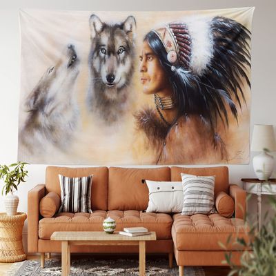 Ambesonne Colorful Tapestry King Size, Blur Mystic Painting of Young Native Man Feather Wolves, Wall Hanging Bedspread Bed Cover Wall Decor, King Size, Cream Tan