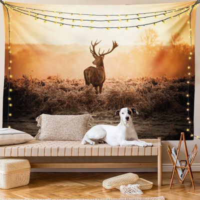 Ambesonne Hunting Tapestry King Size, Red Deer in the Morning Sun Wilderness Nature Scenery Countryside Rural Heathers, Wall Hanging Bedspread Bed Cover Wall Decor, 104" X 88", Brown Orange