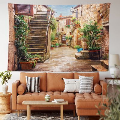 Ambesonne Italian Tapestry King Size, View of Old Mediterranean Street Stone Rock Houses in Italy City Rural Print, Wall Hanging Bedspread Bed Cover Wall Decor, King Size, Stone Green